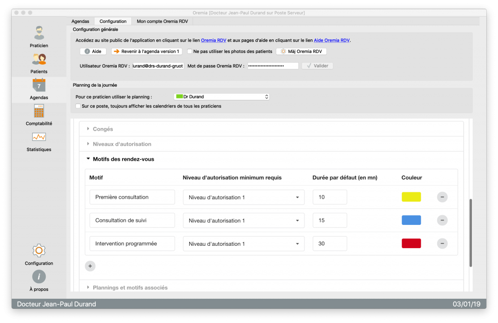 Oremia RDV paramétrage