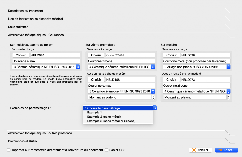 paramétrage code CCAM