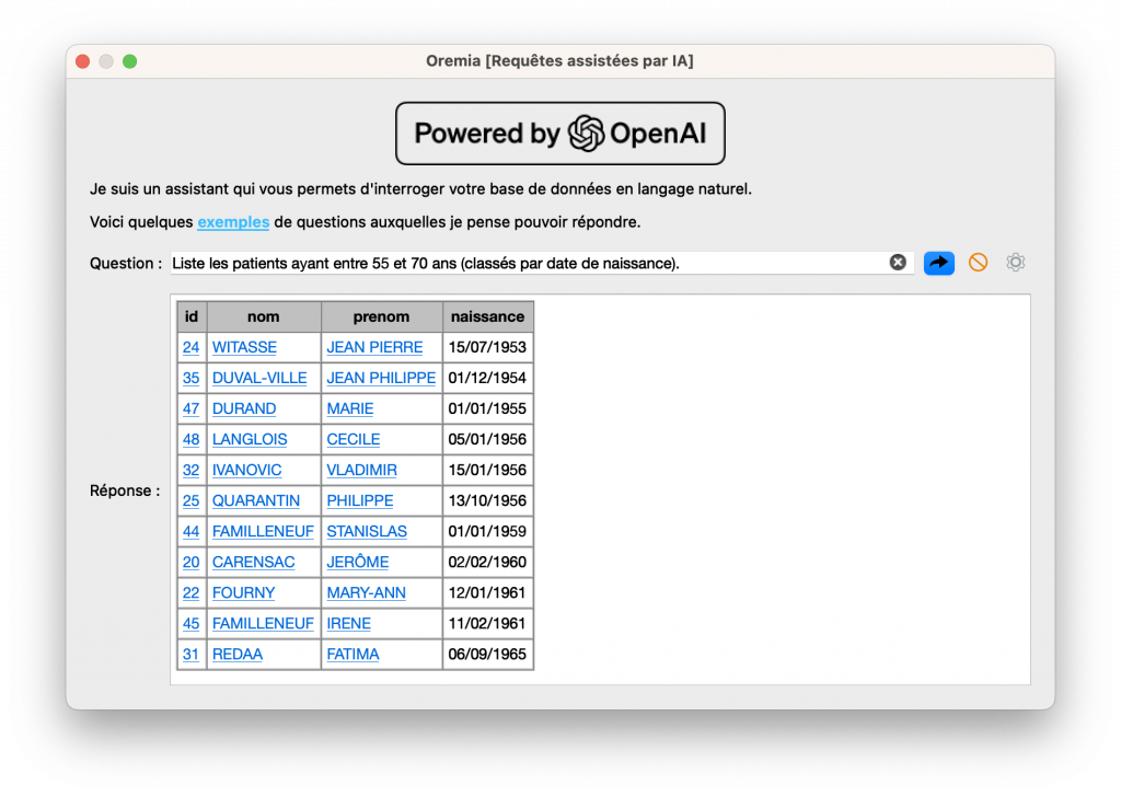 Interface de l'assistant IA Oremia