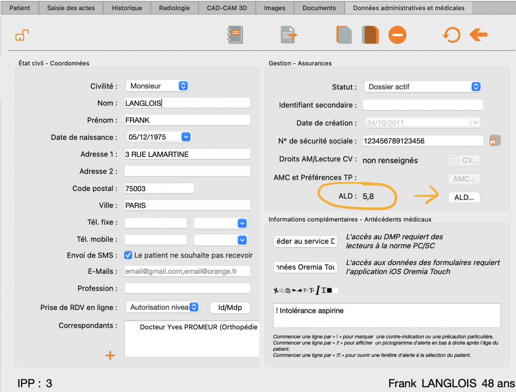 Saisie ALD du patient